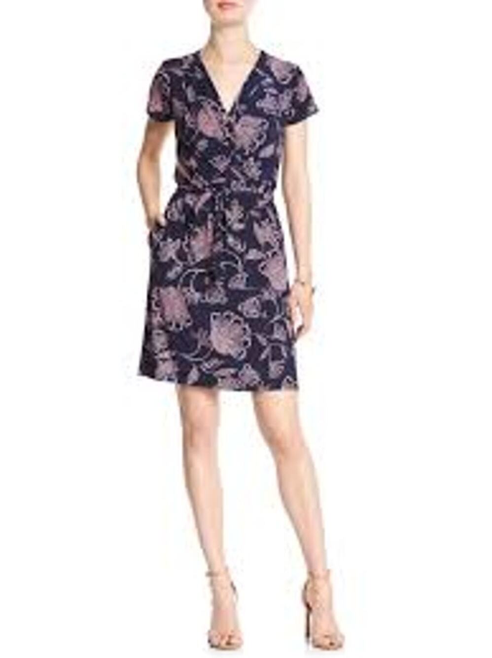 Banana Republic Pink Blue Floral Faux Wrap Dress Cap Sleeve Women's Medium